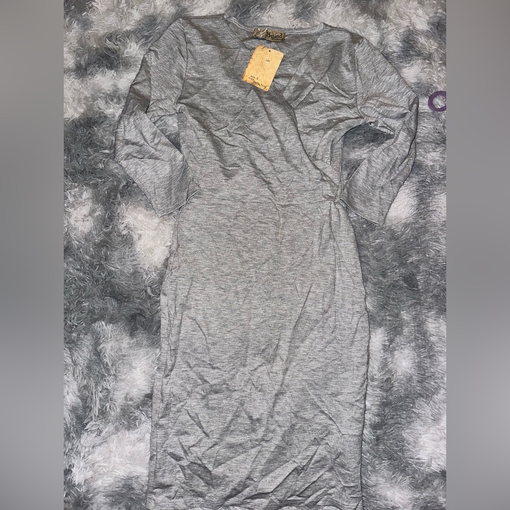 Hybrid & company Heather Gray Long Sleeve Bodycon Dress Cris Cross Front - NWT S